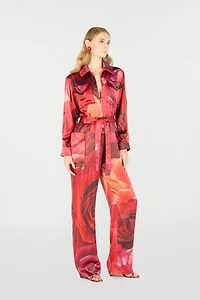 Rose-Print Shirt-Style Jumpsuit