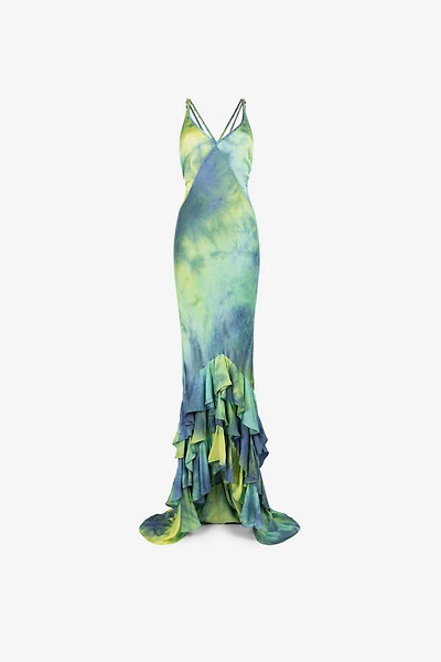 Tie-dye print ruffle-hem maxi dress