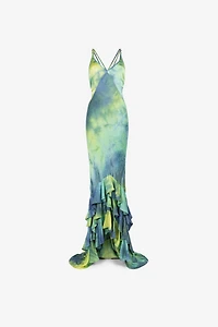 Tie-dye print ruffle-hem maxi dress