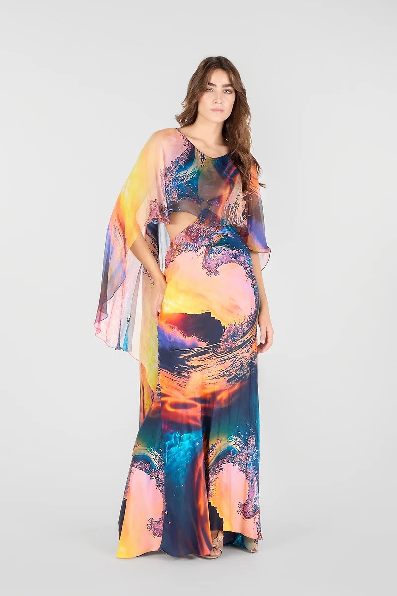 Itaca Print Long Dress with Cape