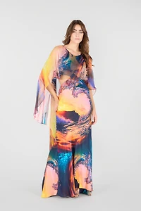 Itaca Print Long Dress with Cape