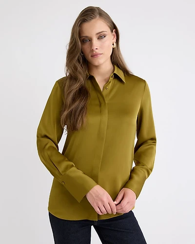 Satin Long-Sleeve Buttoned-Down Blouse