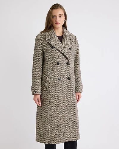 Manteau Long à Boutonnage Double en Mélange de Laine Chevrons