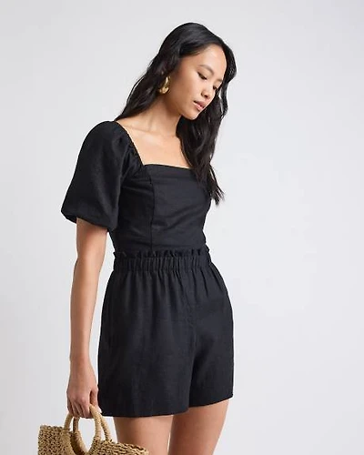 Linen-Blend Square-Neck Tube Top with Puffy Sleeves