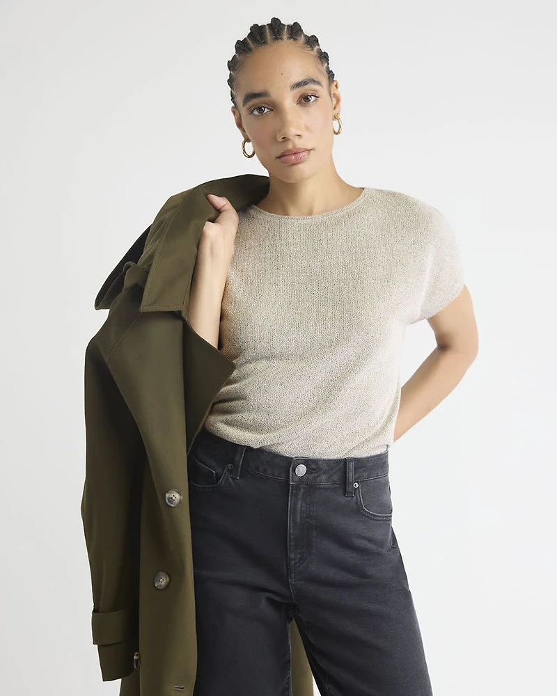 Haut en Tricot Bouclé à Col Rond et Manches Très Courtes