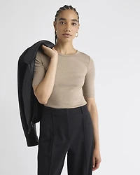 T-Shirt Ajusté à Manches aux Coudes et Col Rond