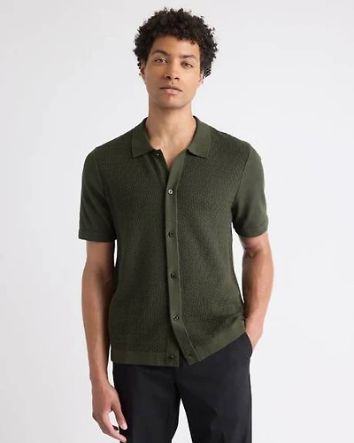 Short-Sleeve Buttoned-Down Textured Sweater with Shirt Collar