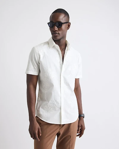 Short-Sleeves Tailored-Fit Dress Shirt with Floral Embroideries