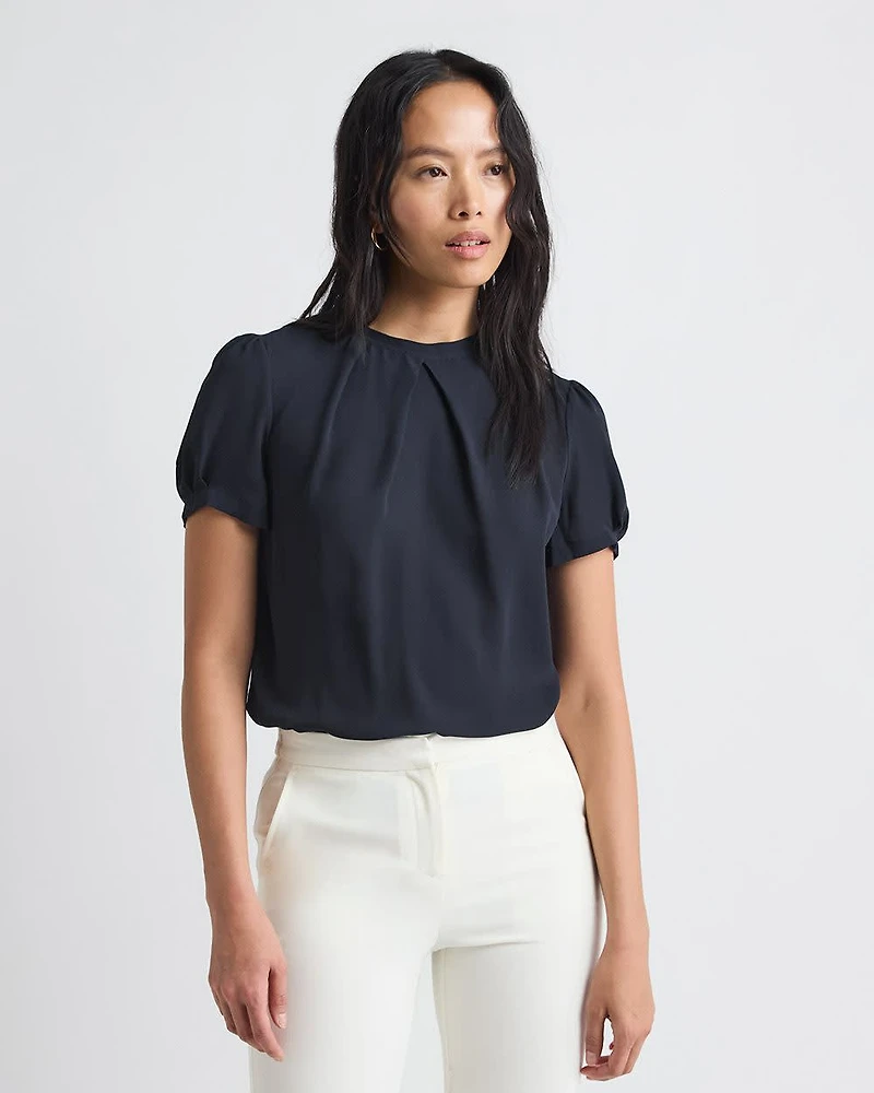 Short-Sleeve Crew-Neck Mix-Media Blouse