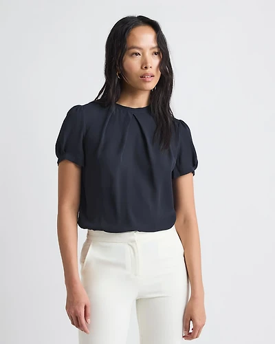 Short-Sleeve Crew-Neck Mix-Media Blouse