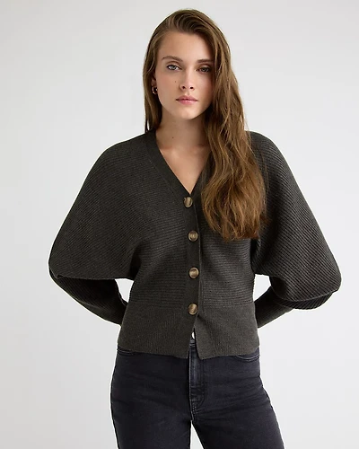 Long-Dolman-Sleeve V-Neck Ribbed Sweater