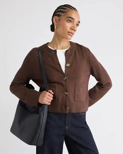 Cropped Boxy Merino-Blend Cardigan with Pockets