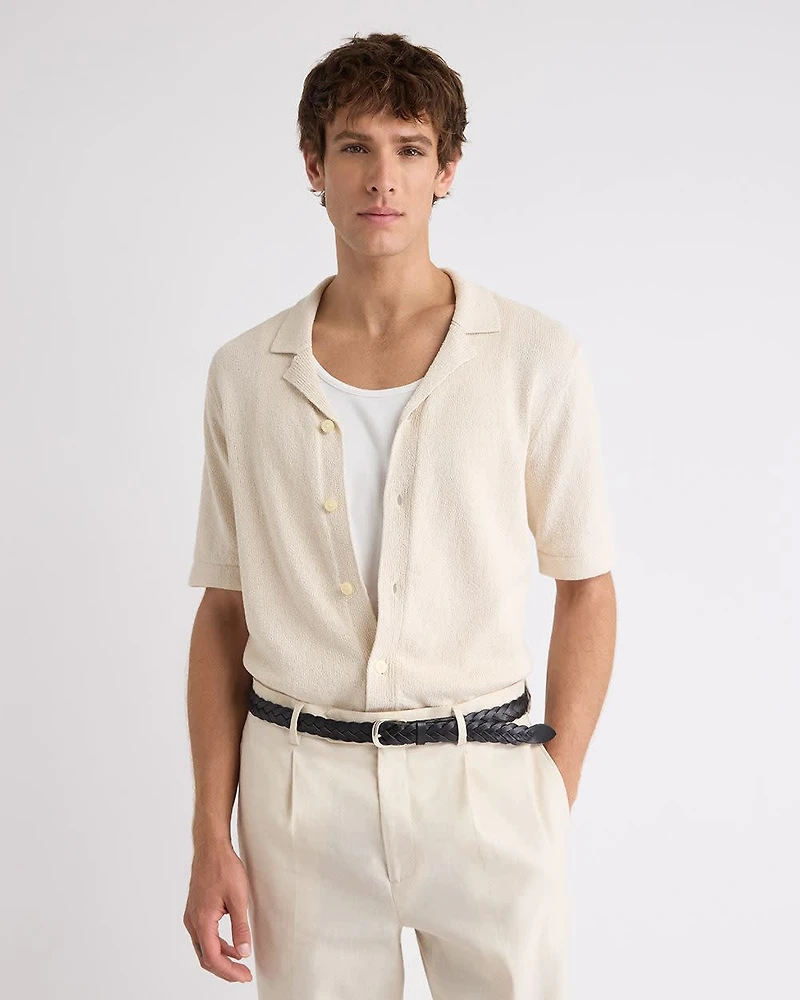 Short-Sleeve Buttoned-Down Sweater with Camp Collar