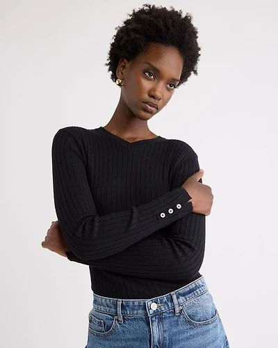 V-Neck Sweater with Buttons on Sleeves