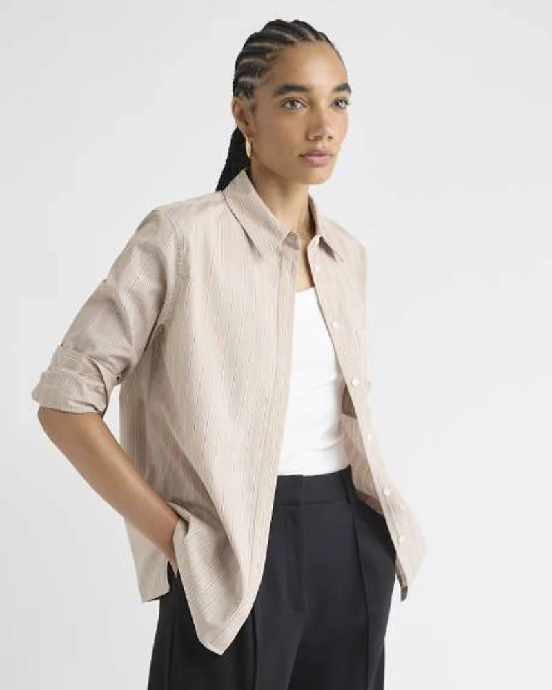 Blouse Boutonnée en Popeline Rayée à Manches Longues