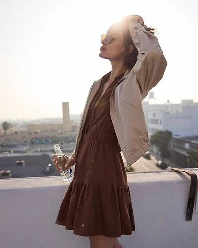 Short-Sleeve Linen Dress with Shirt Collar