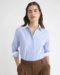 Blouse Boutonnée en Popeline Rayée à Manches Longues et Détails Contrastés