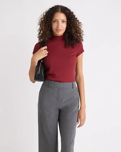 Cap-Sleeve Mock-Neck Ribbed Top