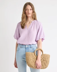 V-Neck Blouse with Short Puffy Sleeves