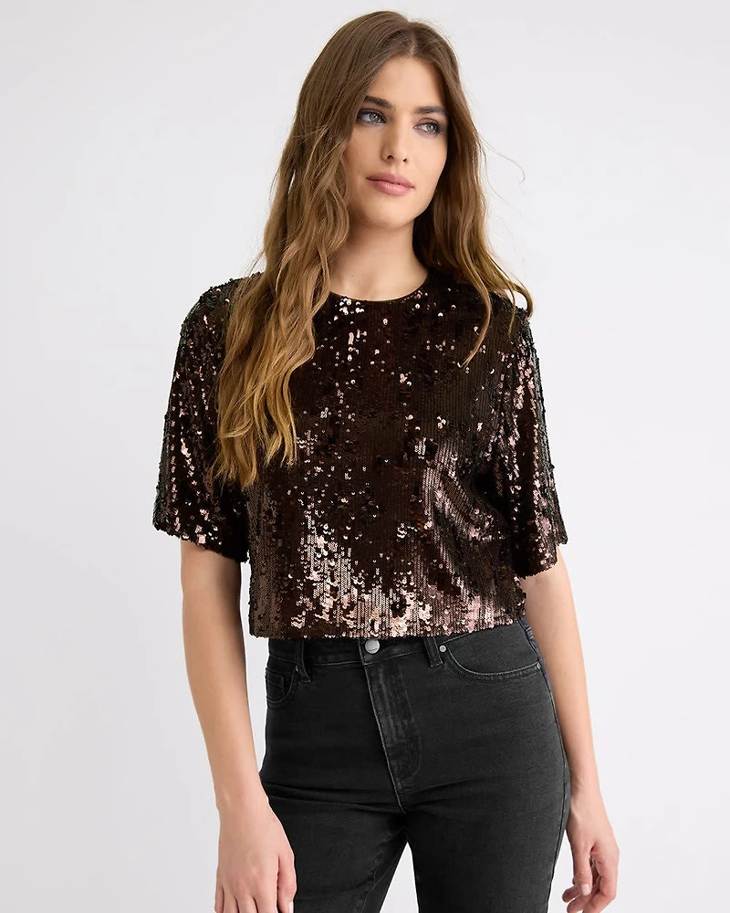 Short-Sleeve Crew-Neck Loose Sequins Top
