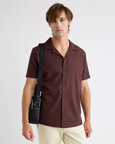 Short-Sleeve Herringbone Shirt with Camp Collar