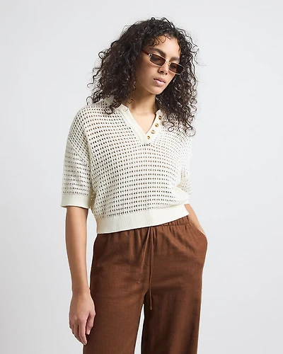 Elbow-Sleeve Crochet Henley Sweater