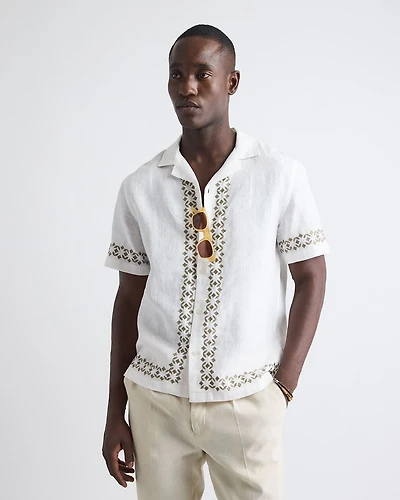 Short-Sleeve Camp-Collar Linen Shirt with Embroidered Details