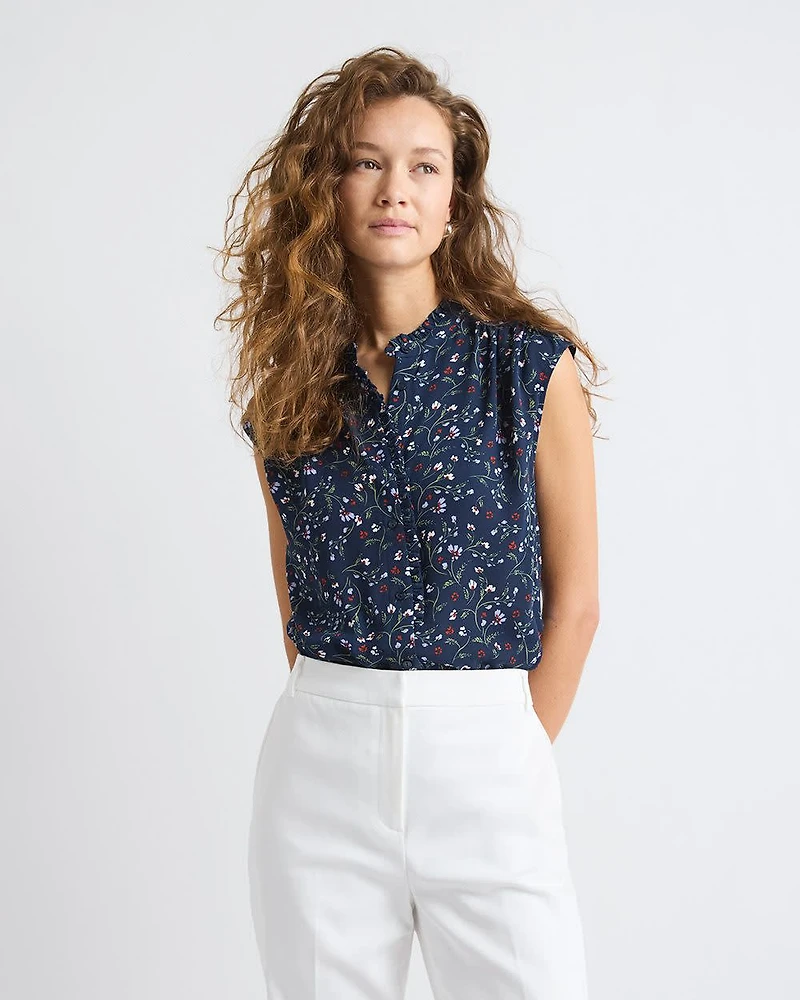 Sleeveless Mock-Neck Buttoned-Down Blouse with Ruffled Trim
