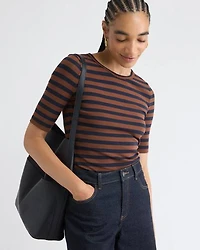 T-Shirt Rayé Côtelé Ajusté à Manches aux Coudes et Col Rond