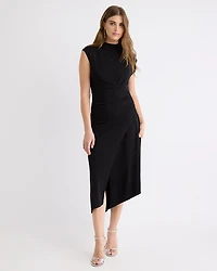 Extended-Sleeve Mock-Neck Draped Midi Dress