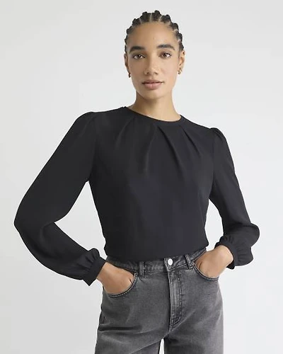 Long-Sleeve Crew-Neck Mix-Media Blouse