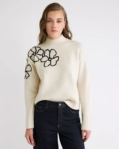 Long-Sleeve Mock-Neck Sweater with Embroidered Pattern
