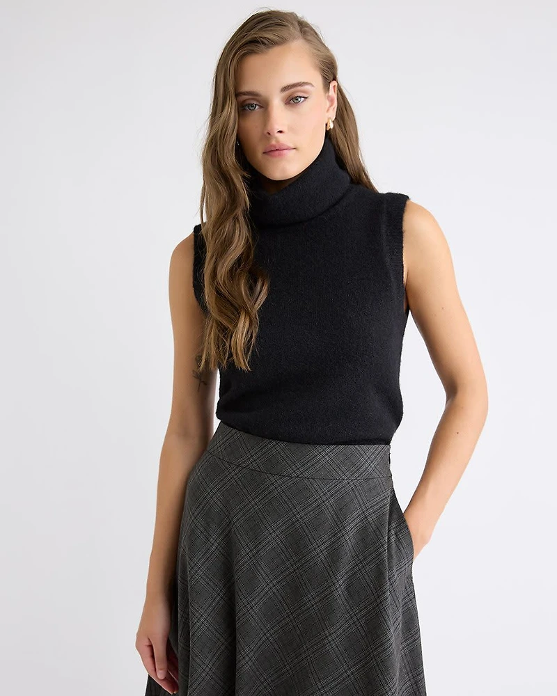 Sleeveless Turtleneck Fuzzy Pullover