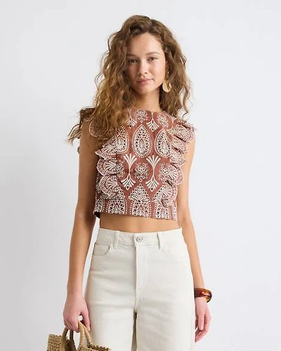 Blouse Sans Manches à Détails Brodés avec Volants