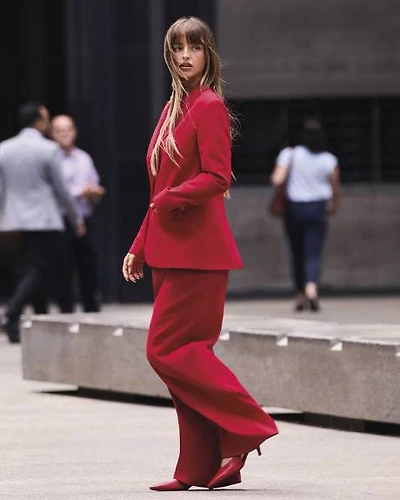 Pantalon Rouge à Jambe Large et Taille Mi-Haute
