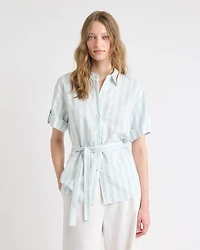 Short-Sleeve Linen-Blend Blouse with Removable Belt