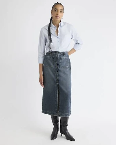 Midi Medium-Wash Flare Denim Skirt
