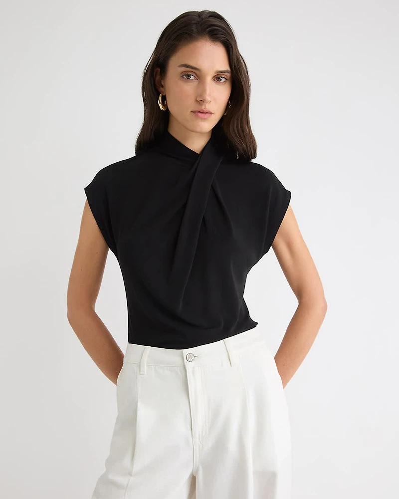 Extended-Sleeve Top with Crossover Draped Mock Neckline