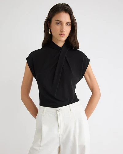 Extended-Sleeve Top with Crossover Draped Mock Neckline
