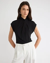 Extended-Sleeve Top with Crossover Draped Mock Neckline