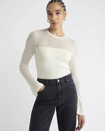 Pull à Manches Longues et Col Rond avec Empiècement en Mailles de Fantaisie