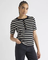 Striped Short-Sleeve Henley Ribbed Top