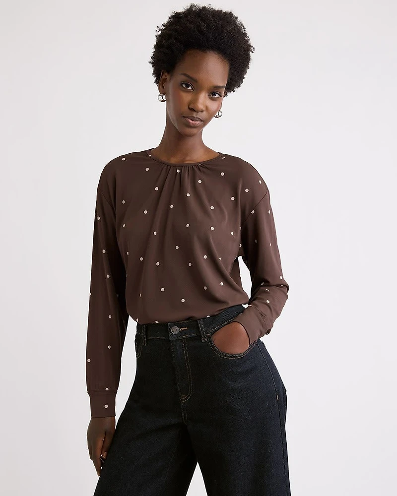 Long-Sleeve Top with Shirred Crew Neckline