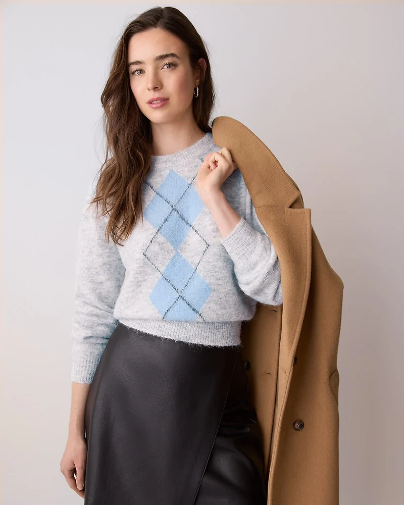Long-Sleeve Crew-Neck Hairy-Knit Argyle Sweater