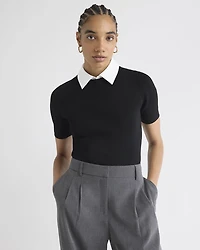 Elbow-Sleeve Ribbed Sweater with Removable Shirt Collar