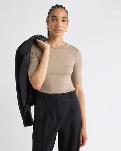 T-Shirt Ajusté à Manches aux Coudes et Col Rond