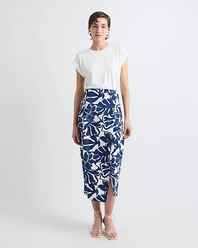 Linen-Blend Straight Midi Skirt with Wrap Front