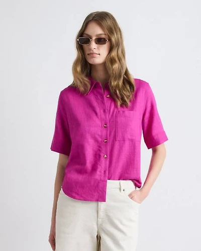 Short-Sleeve Linen-Blend Blouse with Shirt Collar