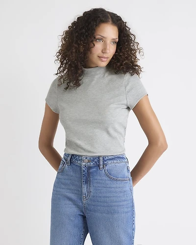 Cap-Sleeve Mock-Neck Ribbed Top