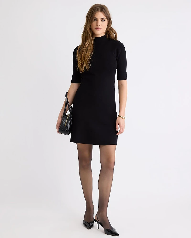 Elbow-Sleeve Mock-Neck Mini Sweater Dress